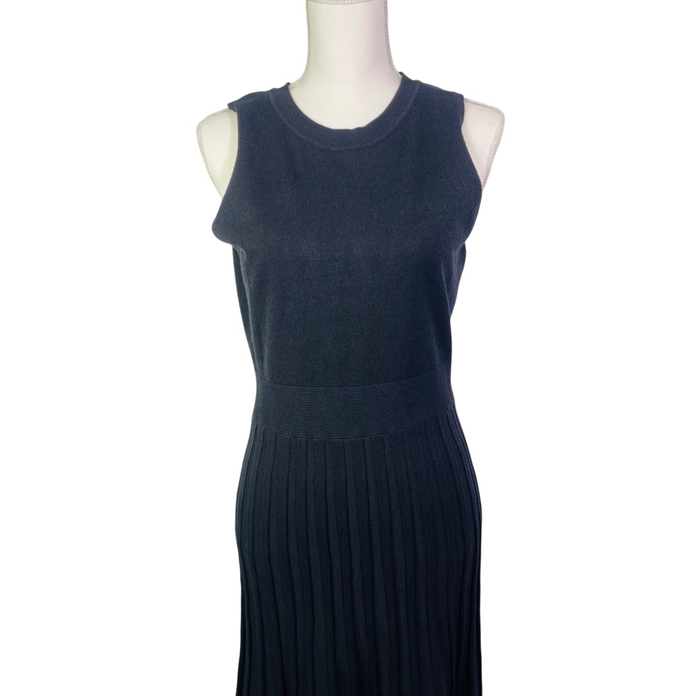 Black Sleeveless Maxi Dress Women's M Knit Pleated Crew Neck Solid Minimalist - Picture 6 of 15
